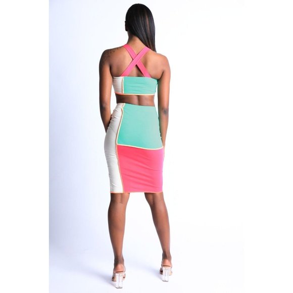 Women's Binding Detailed Color Block Wide Strap Crop Top And Matching Skirt Set - Picture 4 of 15